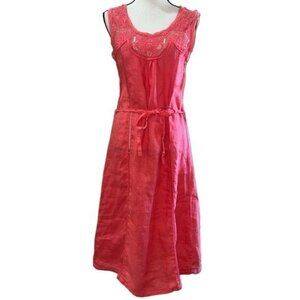 Beulah Vintage-Inspired Coral Midi Dress Lace Detail & Adjustable Waist Tie Sz S